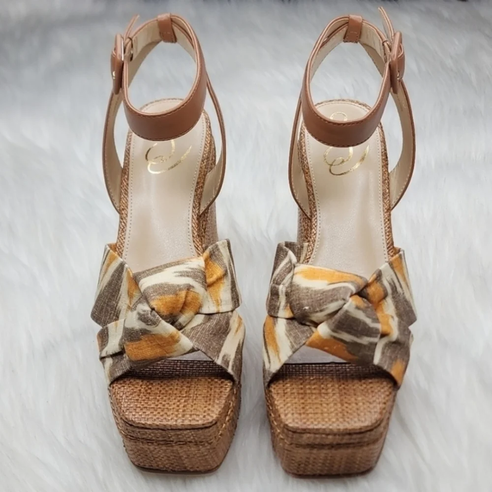 Sam Edelman Theresa Leather Platform Sandal Heels Grey Multi